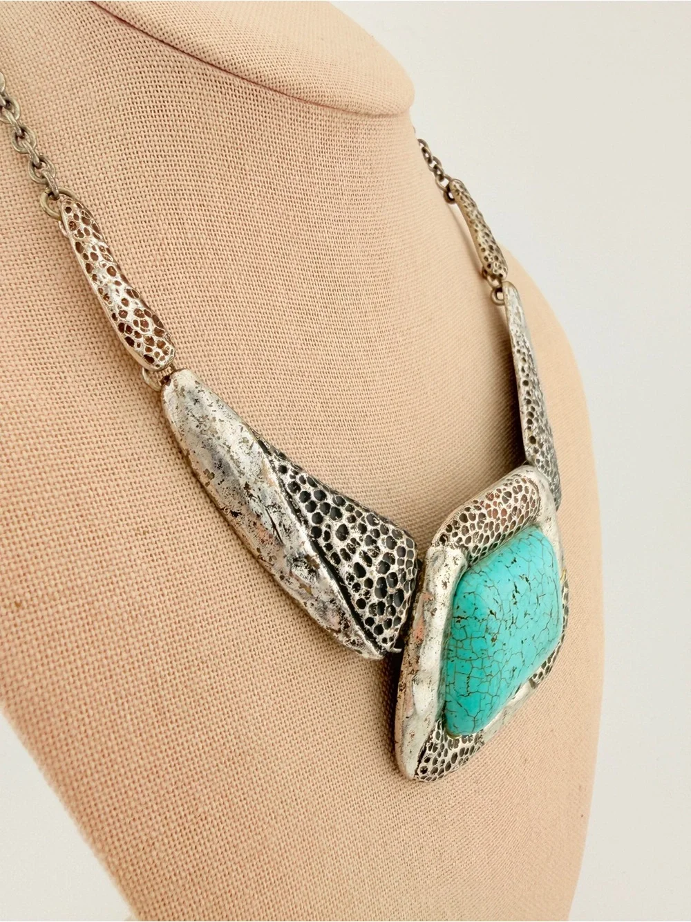 Boho Faux Turquoise Silver Statement Bib Necklace